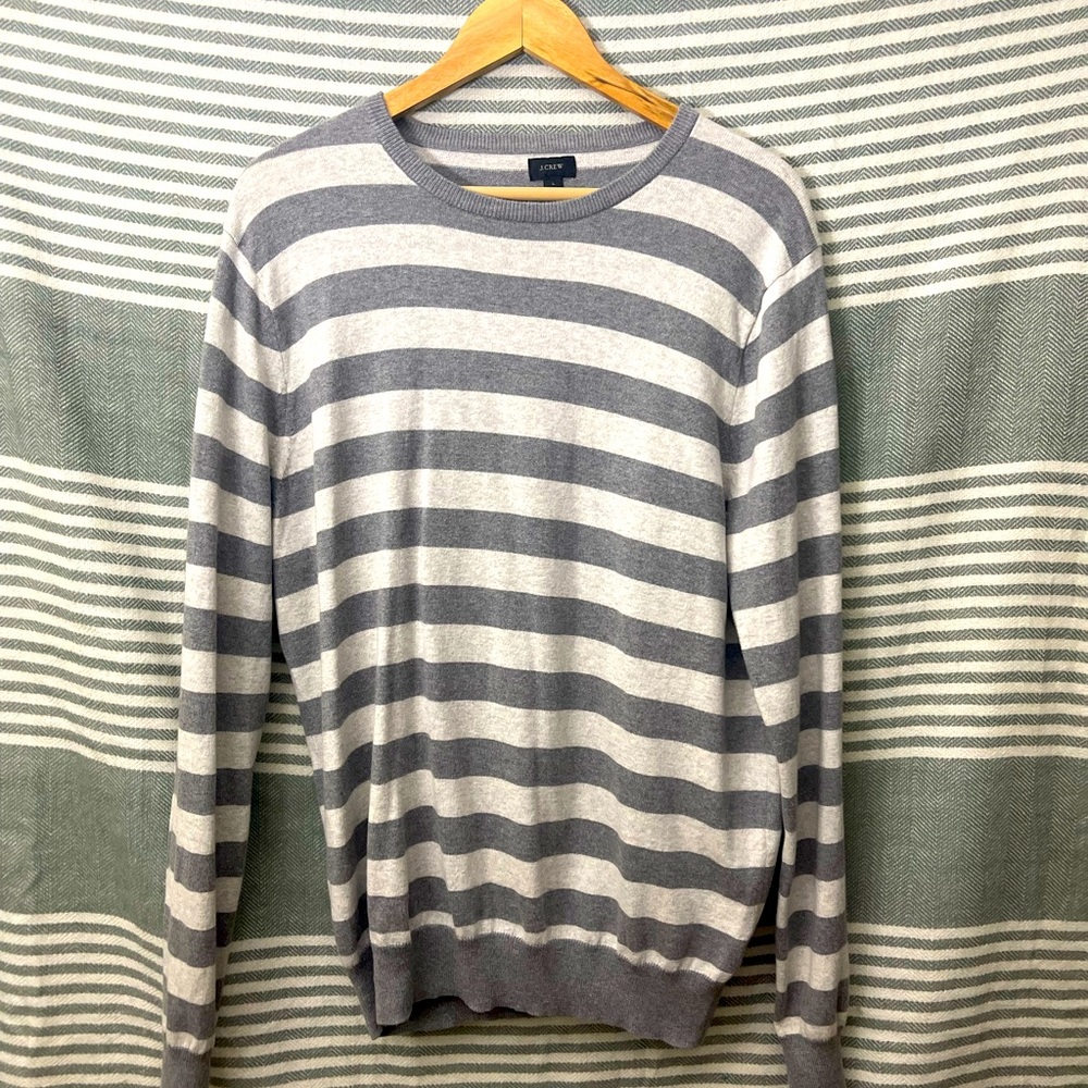 J. Crew Men’s Dark Gray Light Gray Striped Cotton Sweater Size Large